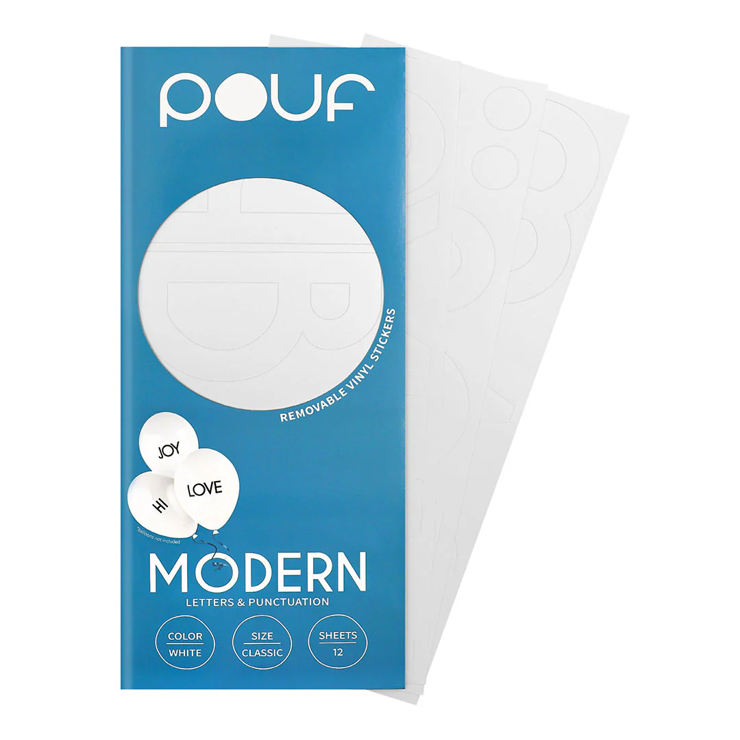 Pouf White MODERN Letters Removable Adhesive Vinyl Stickers | 12 Sheets