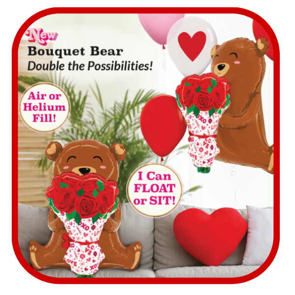 25" Rose Bouquet Bear Foil Balloon (P9) | I Can Float Or Sit!