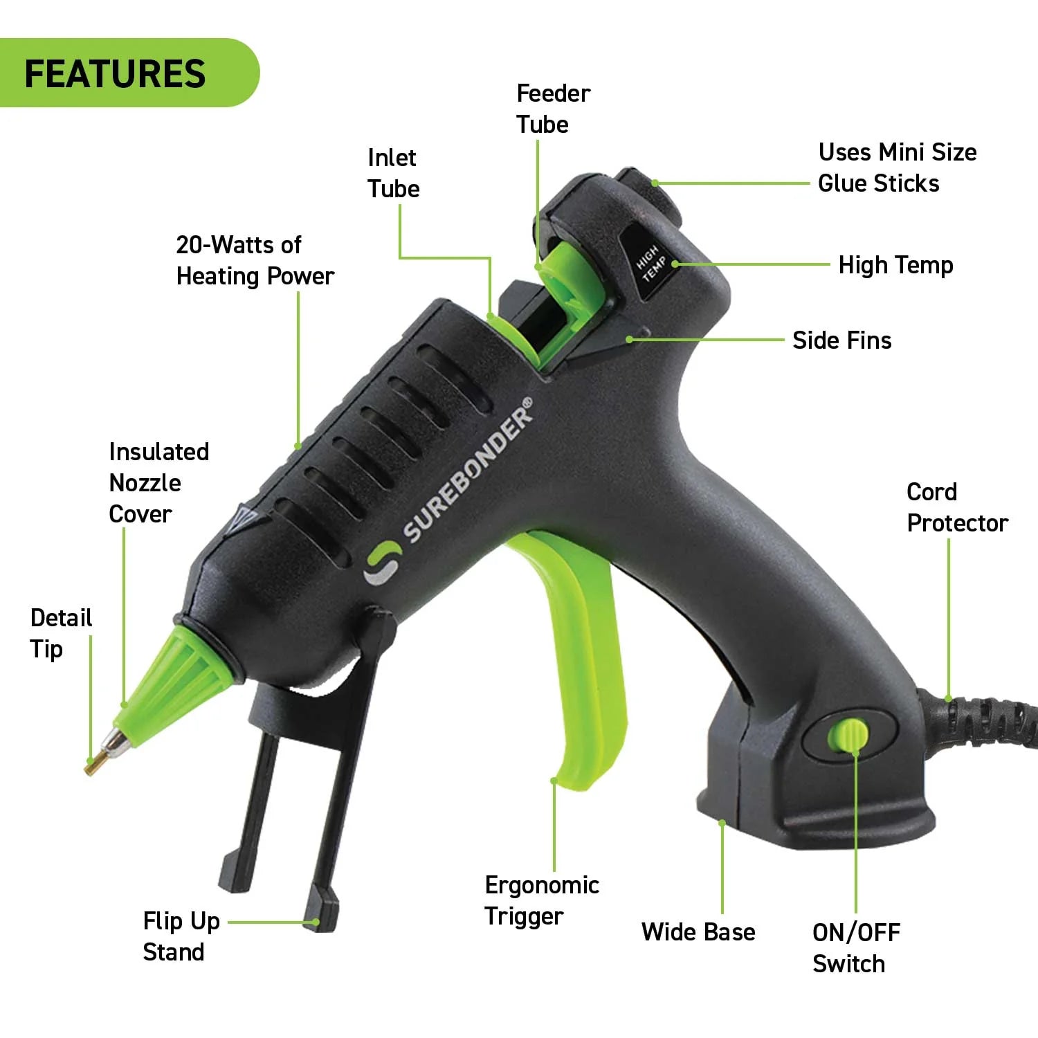 Surebonder 20 Watt Mini Fine Tip High temperature Hot Glue Gun | 1 Count