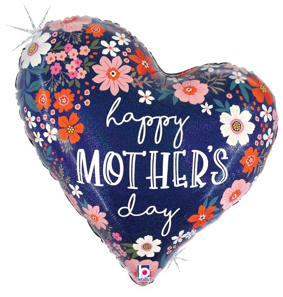 Globo de lámina holográfica con corazón floral del Día de la Madre de 28" (P13)