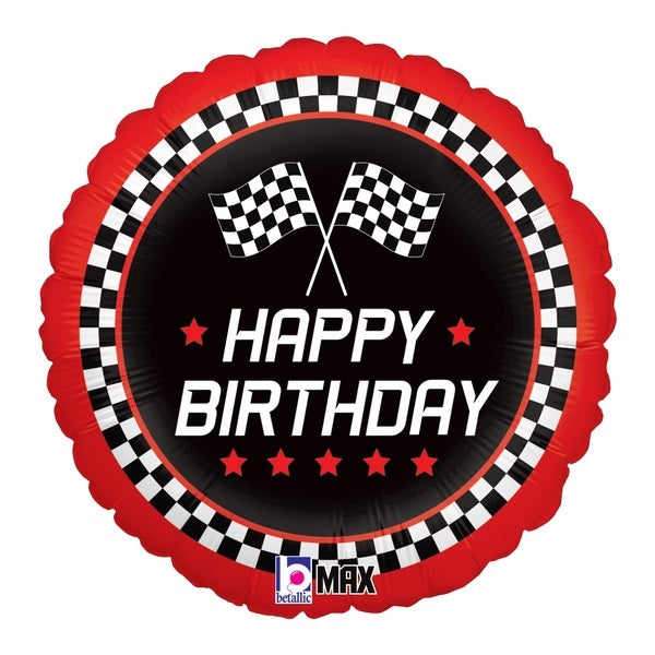18" Checkered Flag Happy Birthday Foil Balloon | Buy 5 Or More Save 20%