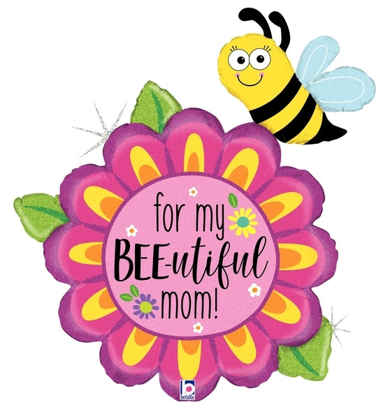 38" Bee-utiful Mom Flower Holographic Foil Balloon (WSL) | Clearance - While Supplies Last