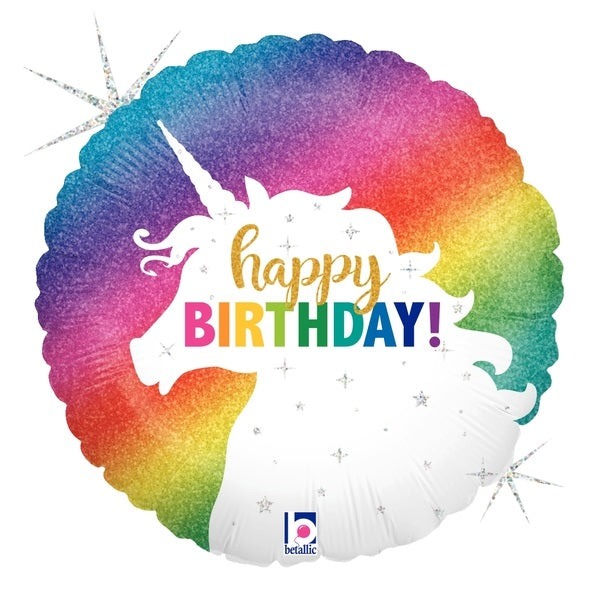 18" Glitter Unicorn Happy Birthday Holographic Foil Balloon | Buy 5 Or More Save 20%