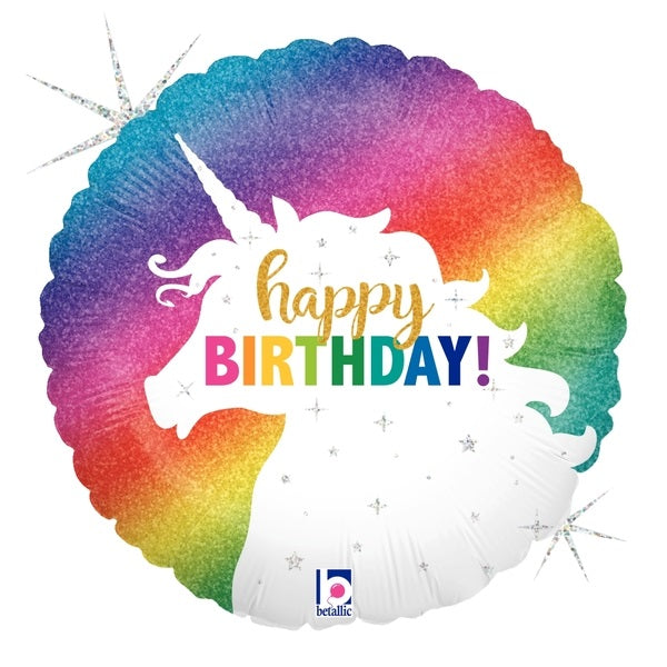 Globo de lámina holográfica de feliz cumpleaños con unicornio brillante de 18" | Compre 5 o más y ahorre un 20 %