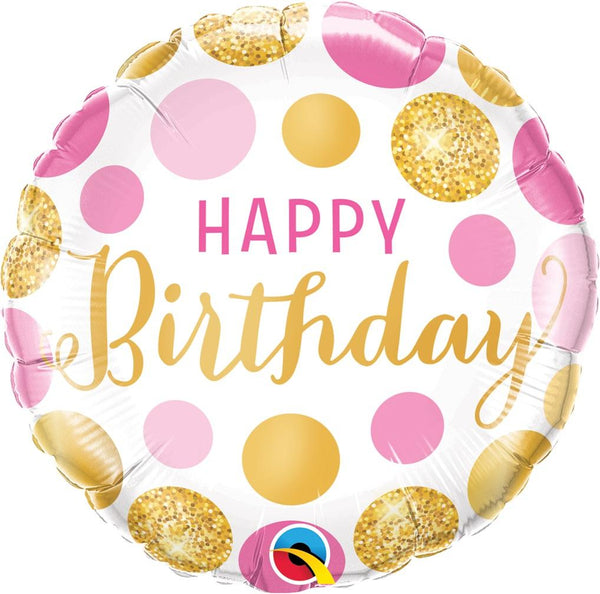 18" Happy Birthday Pink and Gold Dots Foil Balloon | Buy 5 Or More Save 20%