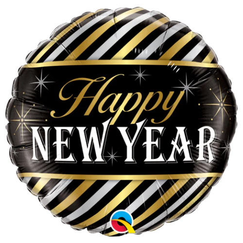 Globo de papel de aluminio con rayas diagonales Feliz Año Nuevo (WSL) de 18" | Liquidación - ¡Hasta agotar existencias!