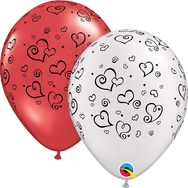 11" Ruby & Pearl White Swirl Hearts Latex Balloons | 50 Count