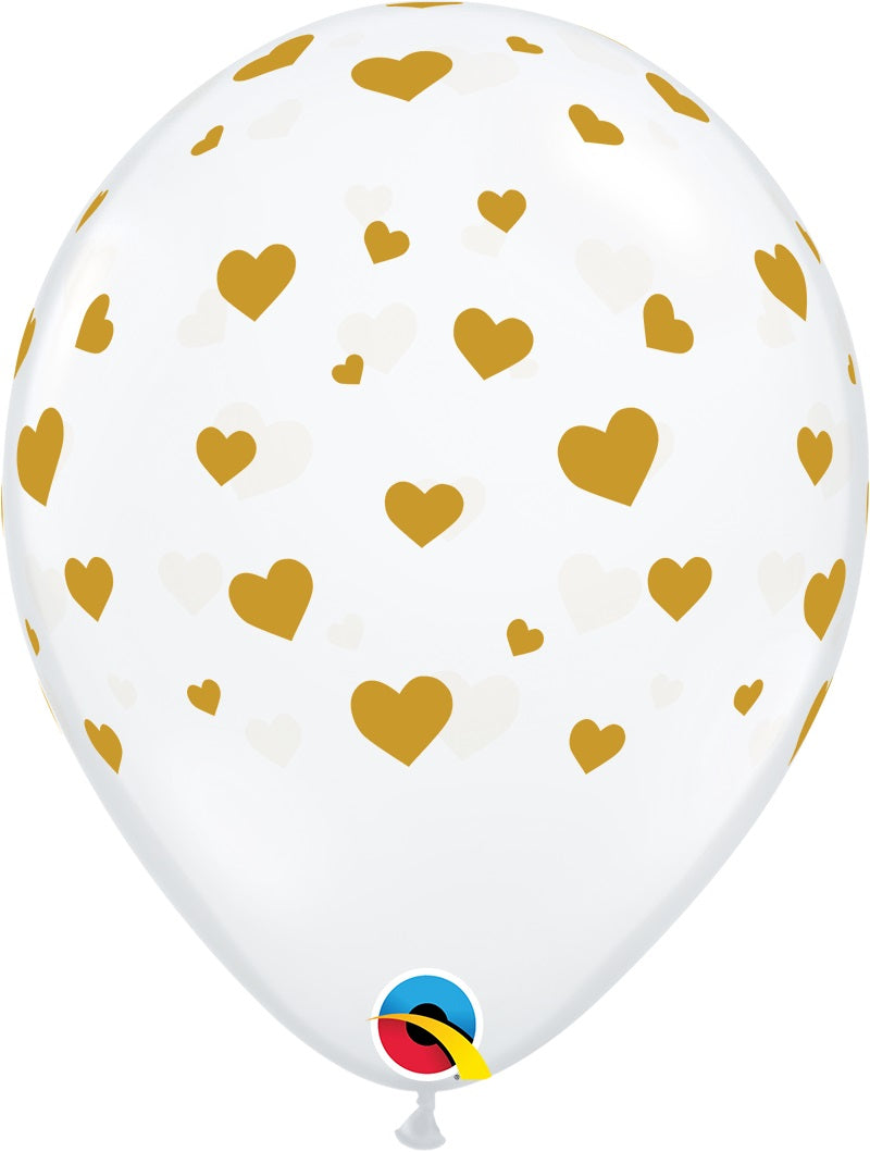 11" Qualatex Diamond Clear Random Hearts-a-Round Gold Latex Balloon | 50 Count