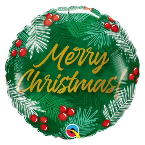 18" Christmas Greens & Berries- Merry Christmas Foil Balloon (P22) | Buy 5 Or More Save 20%