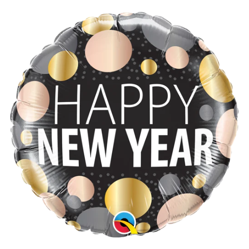 Globo de aluminio con puntos metálicos Feliz Año Nuevo de 18" (P29) | Compre 5 o más y ahorre un 20 %