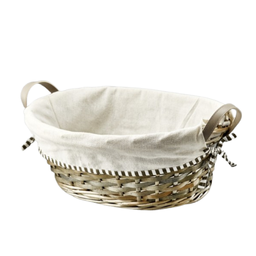Oval Willow Tray Basket With Faux Leather Ear Handles & Fabric Lined