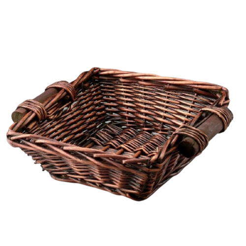 10.5" Square Brown Stain Willow Basket W/ Wooden Ear Handles