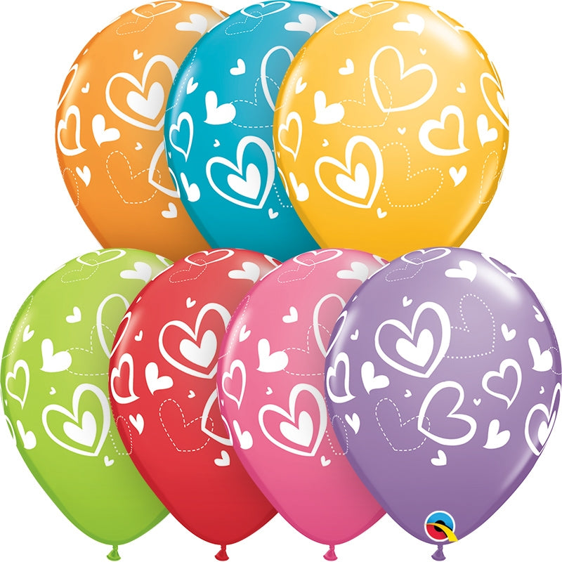 11" Festive Assortment Mix & Match Hearts Latex Balloons (D) | 50 Count