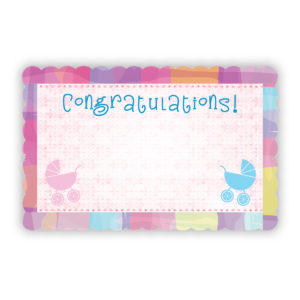 Felicitaciones New Baby Colorful Border W/ Embossed Carriages Enclosure Cards | 50 unidades