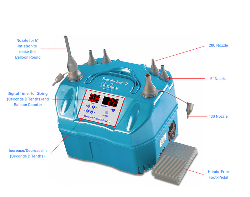 Inflador de globos eléctrico PremiumConwin Twin-Air Sizer® II | ¡Incluye medidor digital y pedal! 