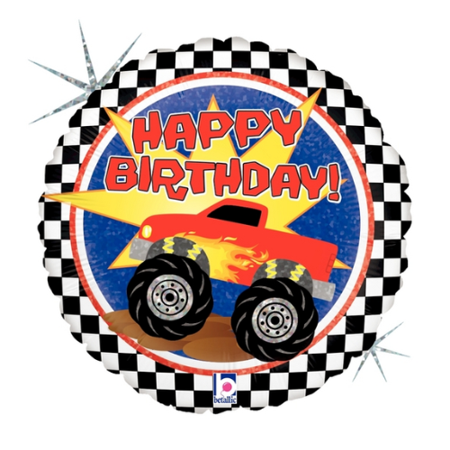 Globo de lámina holográfica Monster Truck Happy Birthday de 18" | Compre 5 o más y ahorre un 20 %