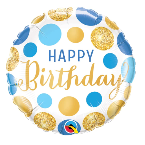 18" Round Birthday Blue & Gold Dots Foil Balloon | Buy 5 Or More Save 20%