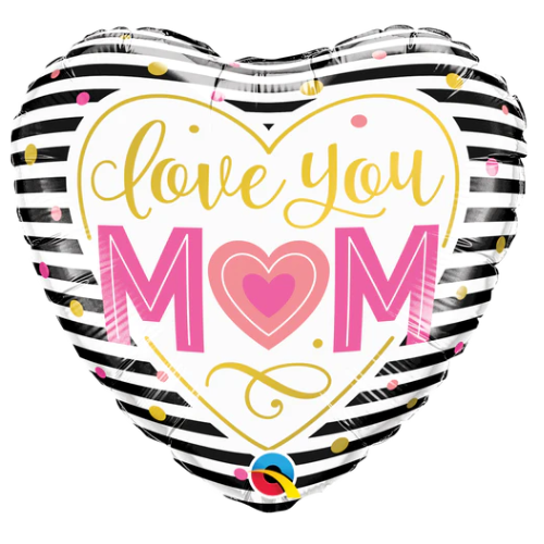 18" Love You Mom Stripes Foil Heart Balloon (P8) (D) | Buy 5 Or More Save 20%