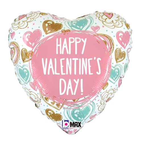 18" Valentine Doodles Heart Foil Balloon (P3) | Buy 5 Or More Save 20%