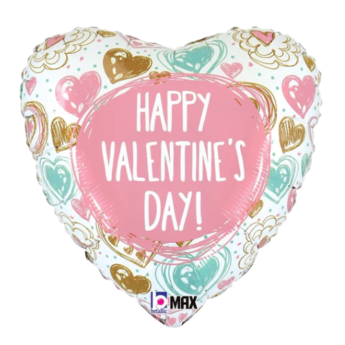 18" Valentine Doodles Heart Foil Balloon (P4) | Buy 5 Or More Save 20%