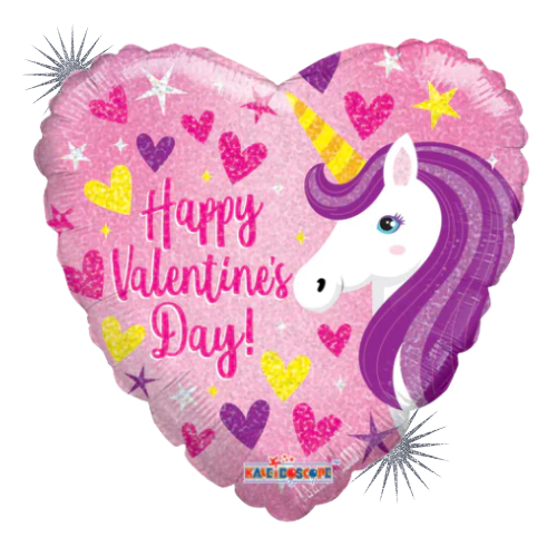 Globo de papel de aluminio con forma de corazón de unicornio Feliz Día de San Valentín (WSL) de 18" | Compre 5 o más y ahorre un 20 %