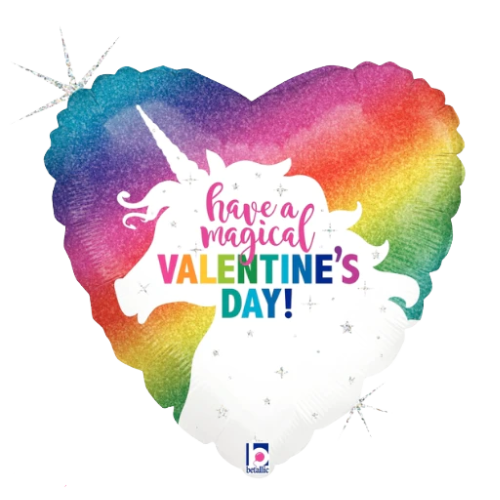 Globo de lámina de corazón de San Valentín de unicornio con brillo holográfico de 18" (P4) | Compre 5 o más y ahorre 20 % 