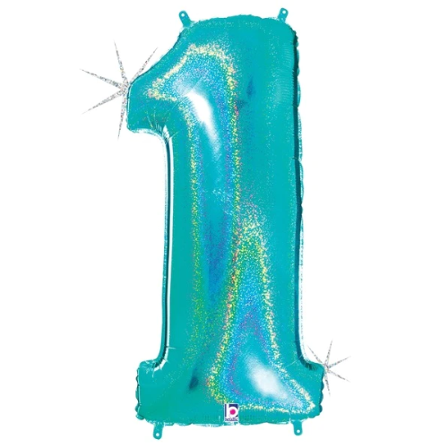 34" Betallic Holographic Robin's Egg Blue Foil Holographic Number Balloon | Numbers 0-9