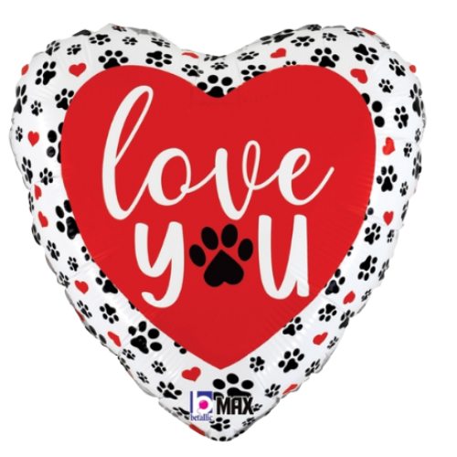 18" Love You Paw Prints Heart Foil Balloon (P5) | Buy 5 Or More Save 20%