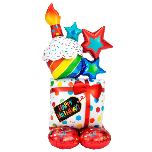 55" Anagram Stacked Birthday Icons Airloonz Foil Balloon | Stands Over 4 Feet Tall - No Helium Required!