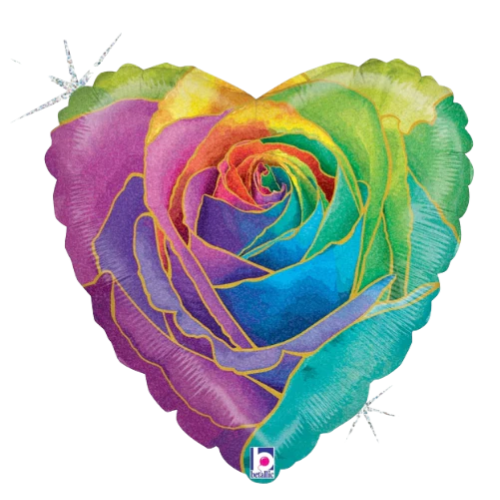 Globo metalizado con forma de corazón de rosa arcoíris de 18" (P4) | Compre 5 o más y ahorre un 20 %