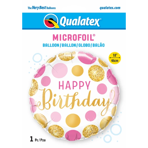 18" Happy Birthday Pink and Gold Dots Foil Balloon | Buy 5 Or More Save 20%