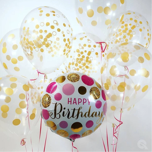 18" Happy Birthday Pink and Gold Dots Foil Balloon | Buy 5 Or More Save 20%