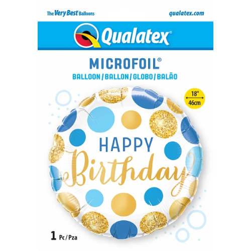 18" Round Birthday Blue & Gold Dots Foil Balloon | Buy 5 Or More Save 20%