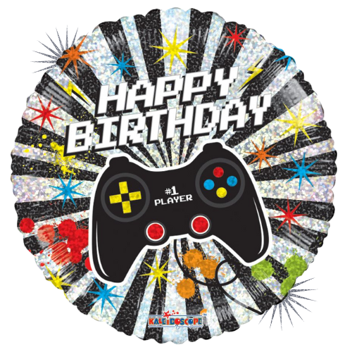 Globo de lámina holográfica de 18" Happy Birthday Gamer | Compre 5 o más y ahorre un 20 %