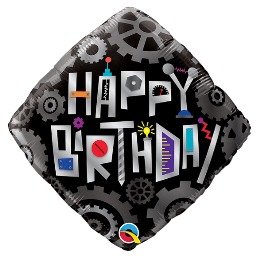 Globo de aluminio con ruedas dentadas de robot de feliz cumpleaños de 18" | Compre 5 o más y ahorre un 20 %
