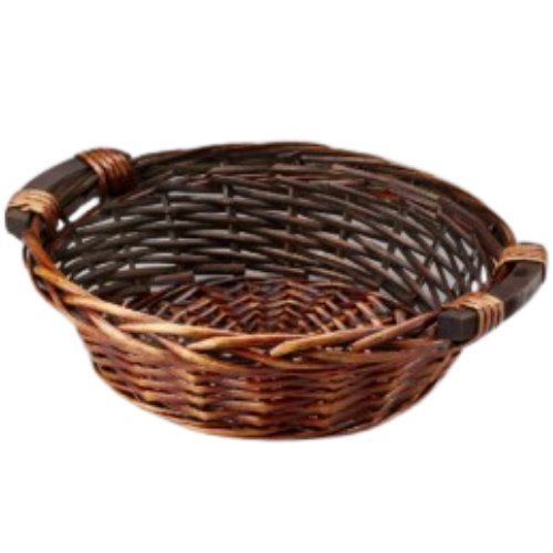13.5" Brown Stain Round Willow Tray W/ Wooden Ear Handle Gift Basket
